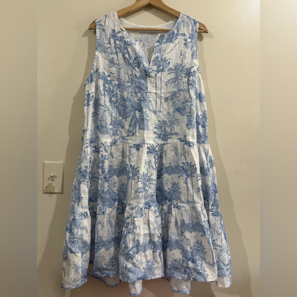 Positano Couture White Sundress With Light Blue Tropical Print